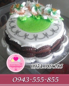Bánh kem nghệ thuật trang trí mứt dứa hoa bụt chế tông socola và trắng