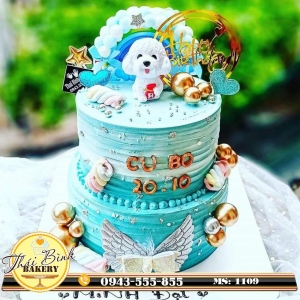 Bánh kem 2 tầng con chó màu xanh mừng sinh nhật Cu Bo