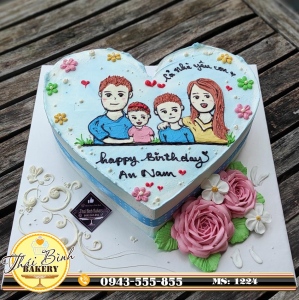 Bánh kem vẽ gia đình 4 người mừng sinh nhật con An Nam 5 tuổi