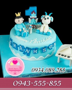 Bánh fonant cho bé trai hoàng gia 1 tuổi con dê tông xanh