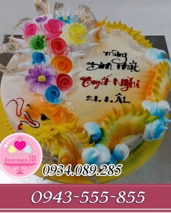 Bánh kem tuổi rồng 3D cắm nơ và hoa sô cô la mừng sinh nhật tuyết nghi