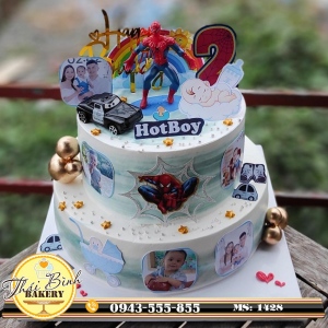 Bánh kem người nhện 2 tầng in ảnh con yêu Hoàng Đức Dũng 2 tuổi