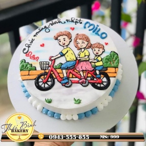 Bánh vẽ gia đình vui vẻ cùng nhau đạp xe đạp
