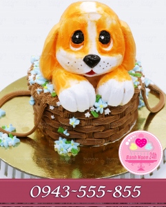 bánh kem chú chó nghộ nghĩnh ngịch giỏ hoa