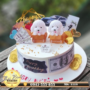 Bánh kem đôi chó ngồi hộp mừng sinh nhật Bố ỉn